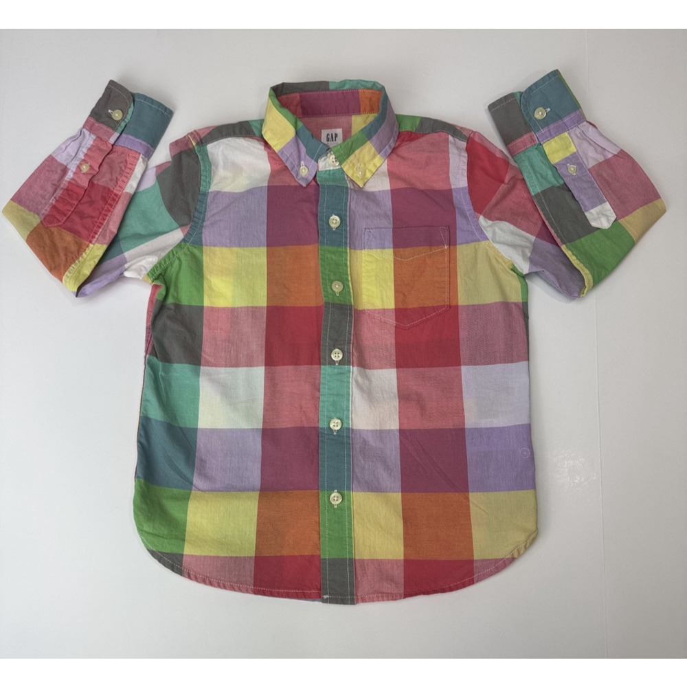 Gap Plaid Pastel Button Down Shirt Easter Spring Pink Blue Kids Size 6 / 7